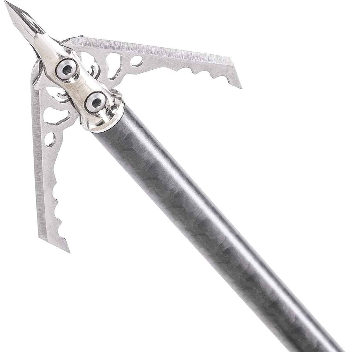 Close-up of a metallic arrow head on a white background