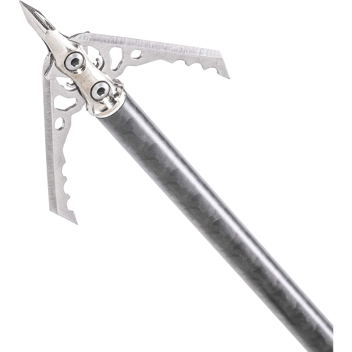 Close-up of a hunting arrow with a metallic head on a white background