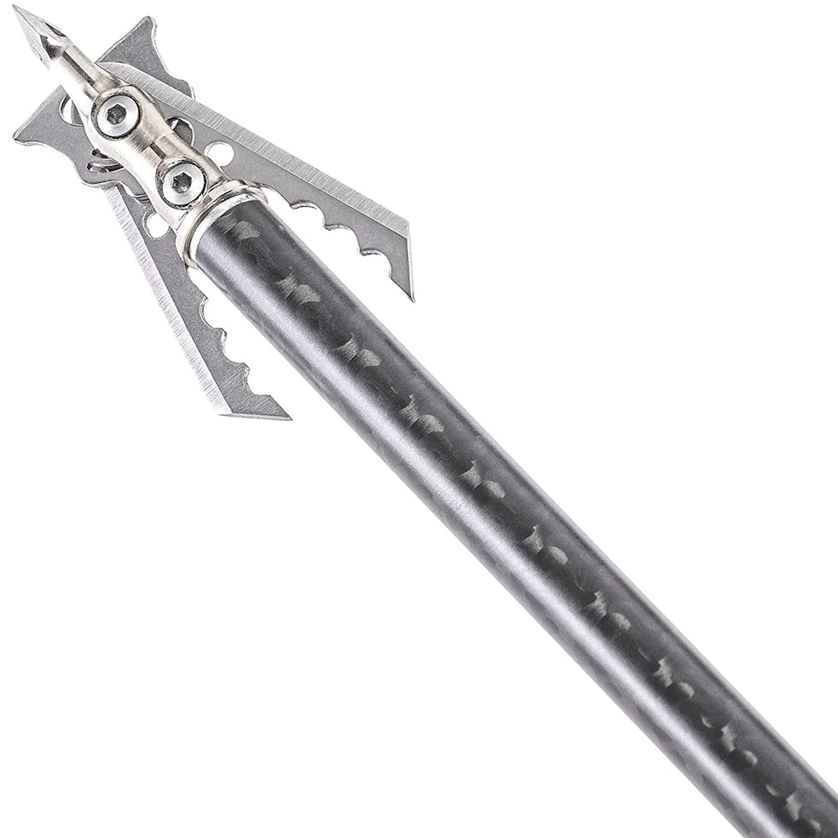 Crossbow arrow with a metallic nock and cutting edge on a white background