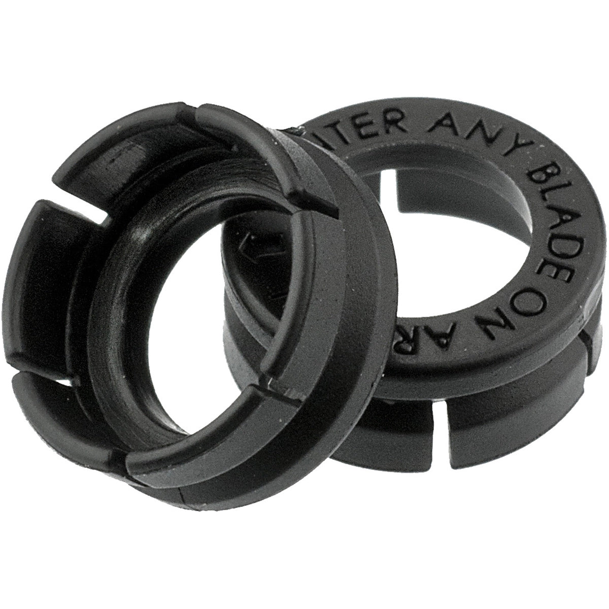 Two black replacement shock collars for Rage broadheads with the text 'WATER ANY BLADE' embossed on them.