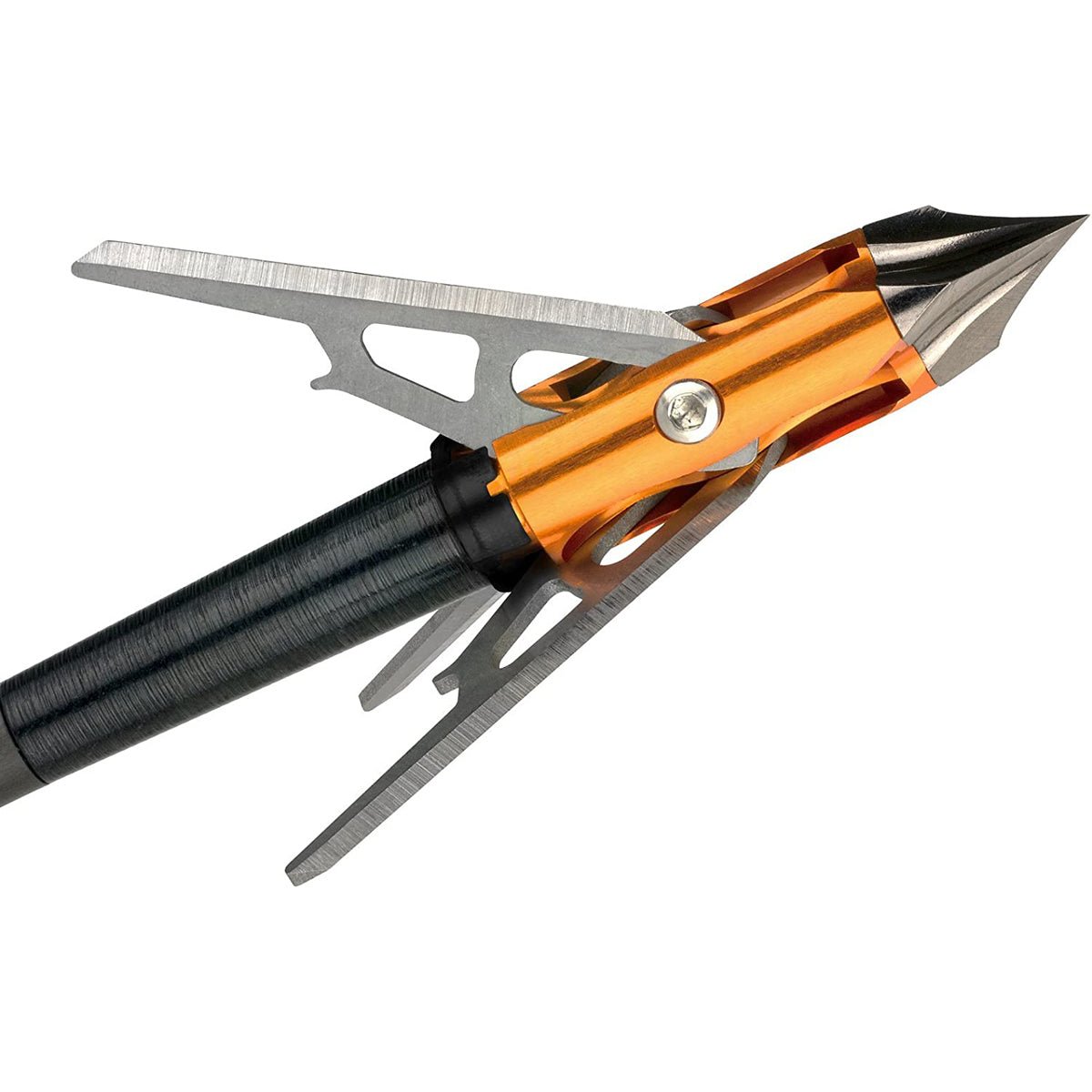 Close-up of an orange and black crossbow broadhead hunting arrow with a white background