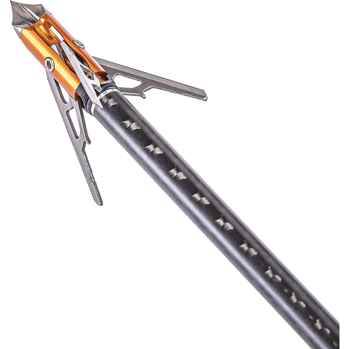 Close-up of an arrow with a metallic and orange crossbow broadhead on a white background