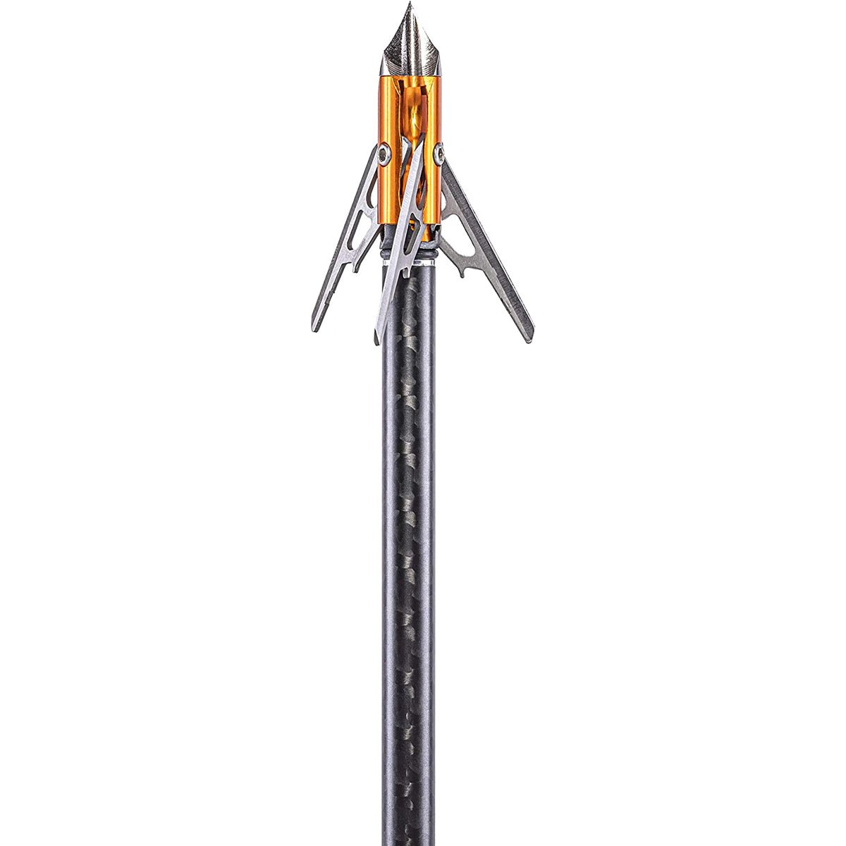 Archery crossbow broadhead with carbon fiber shaft on a white background
