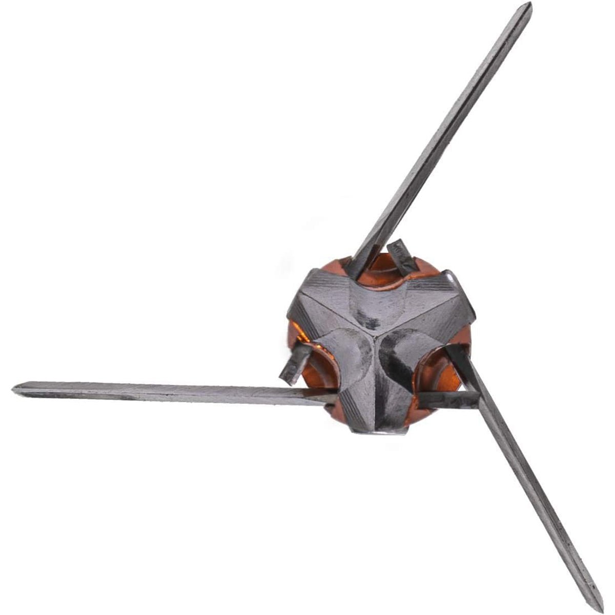 Close-up of a mechanical crossbow broadhead with three blades on a white background