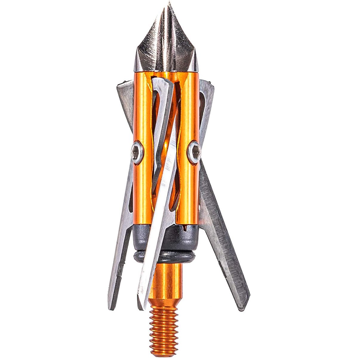 Archery crossbow broadhead with orange and silver design on a white background