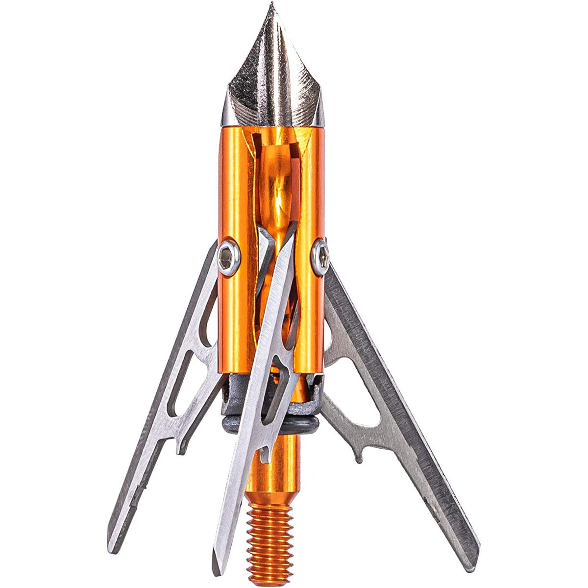 Metallic orange and silver archery crossbow broadhead on a white background
