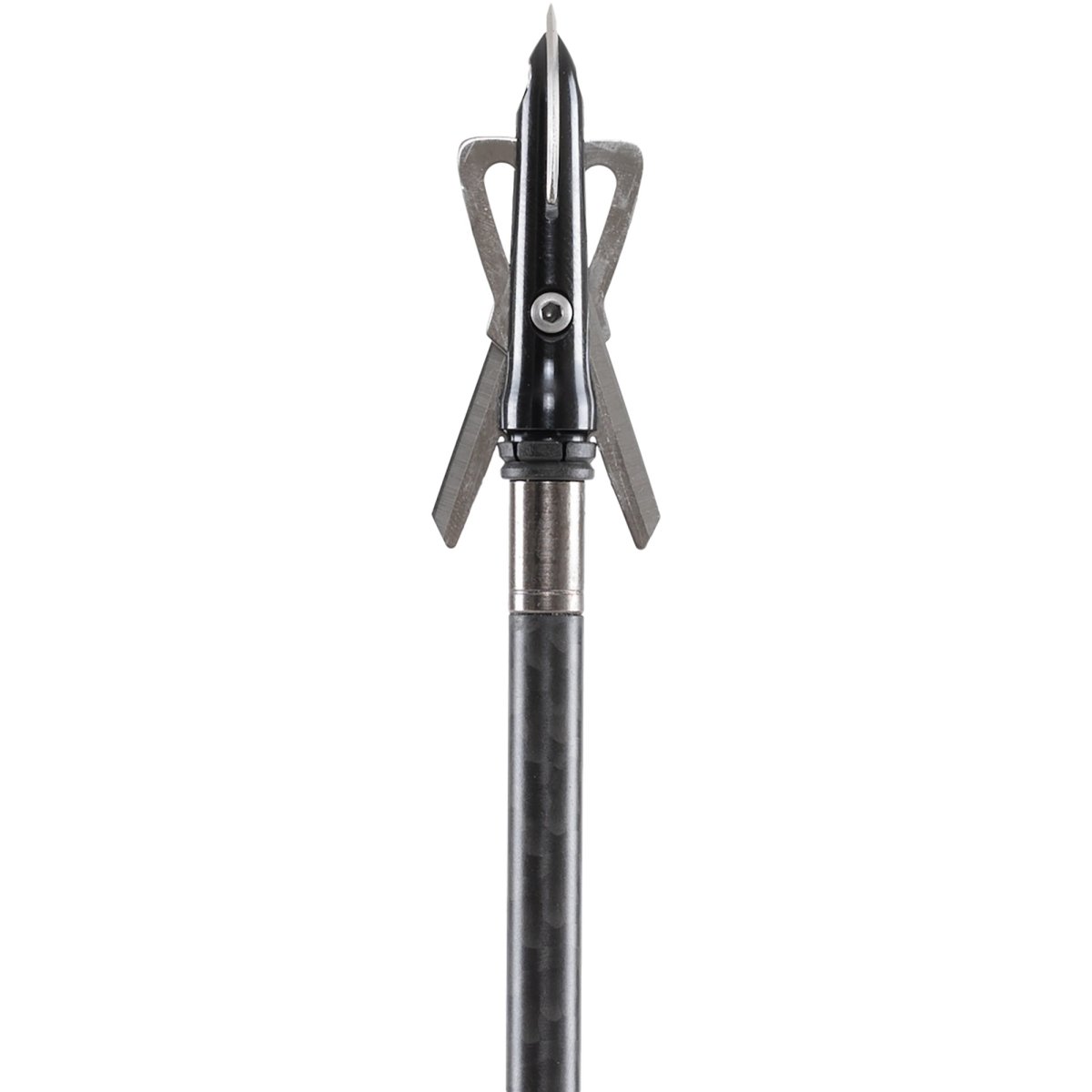 Black and silver crossbow bolt chisel tip on a white background