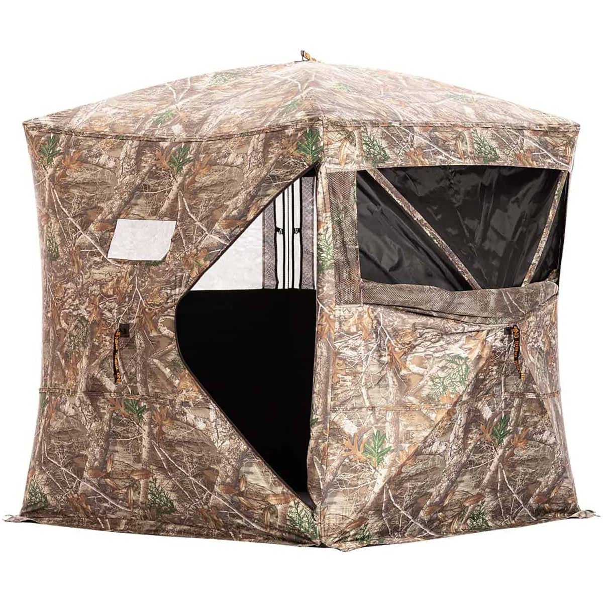 Camouflage hunting hub blind with a clear window on a white background