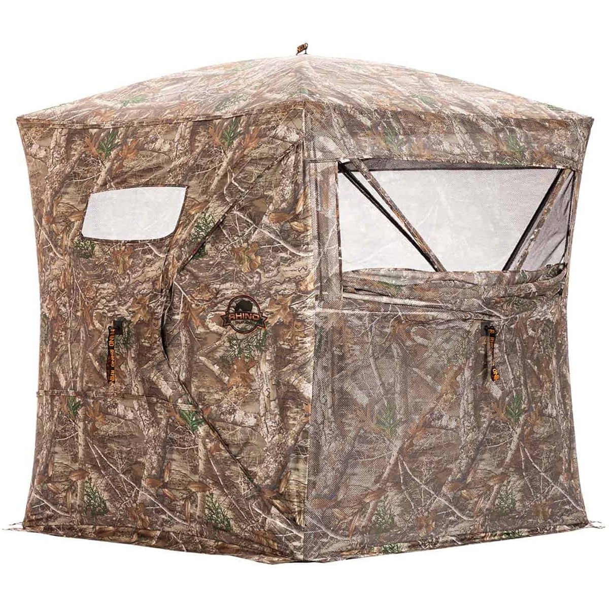 Camouflage hunting see through blind with clear panels on a white background