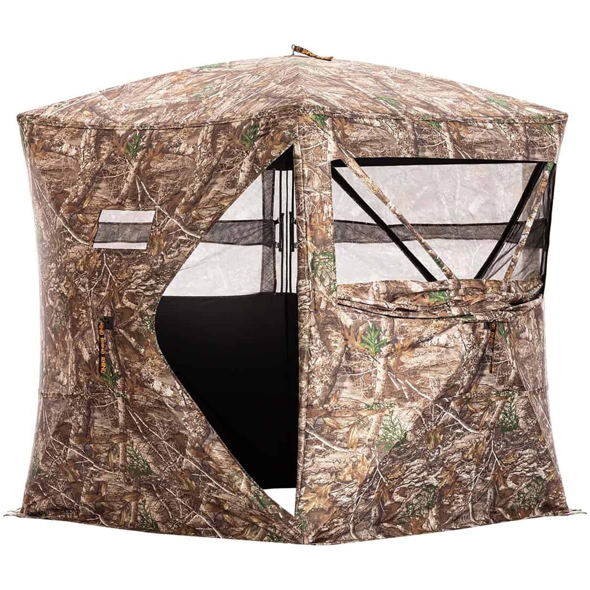 Camouflage hunting pro blind with clear panels on a white background