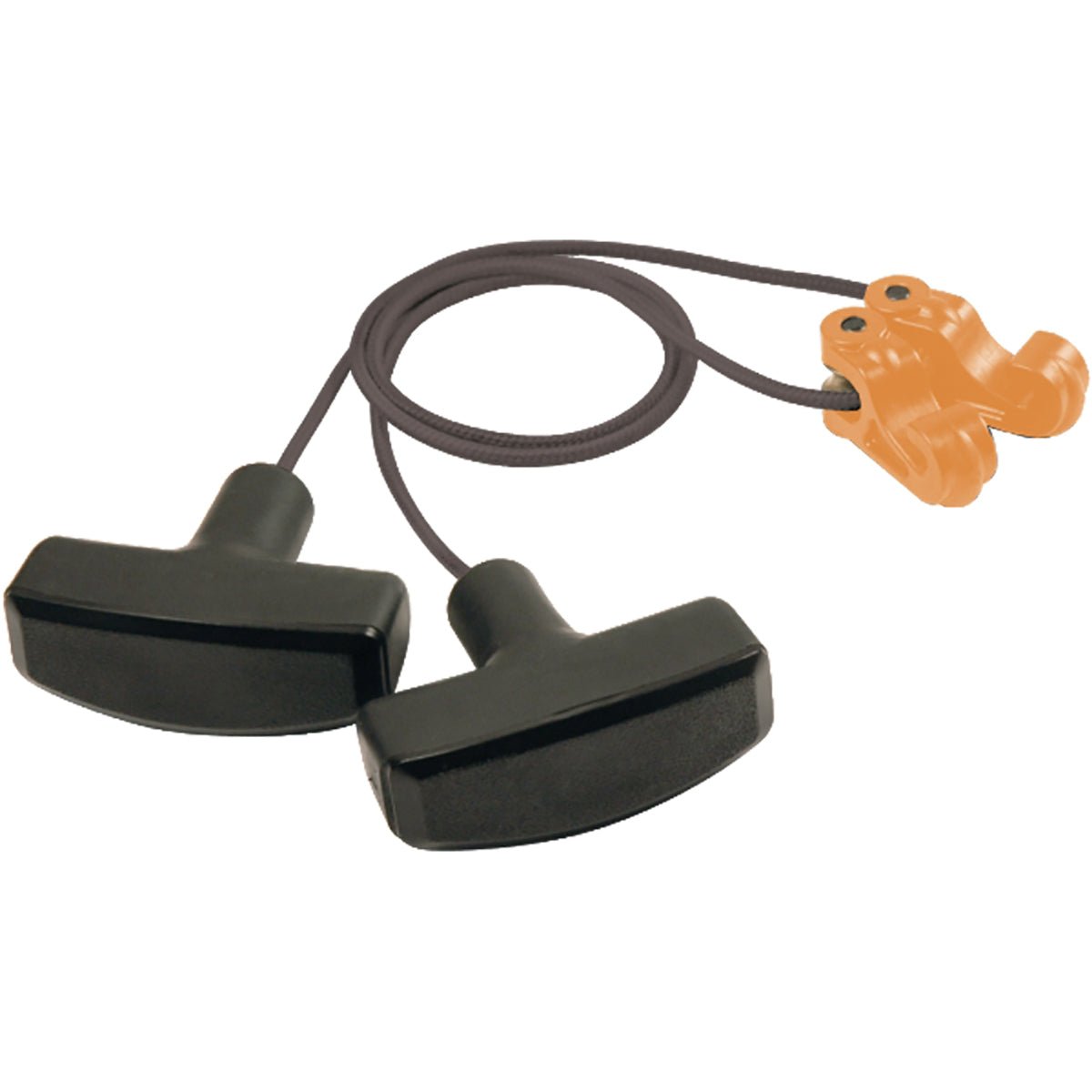 Black crossbow rope cocker earplugs with a brown cord and orange earbud on a white background