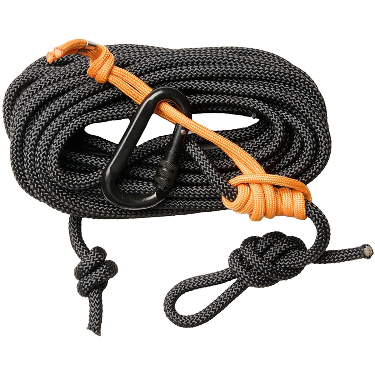 Black and orange hunting safety rope with a carabiner on a white background
