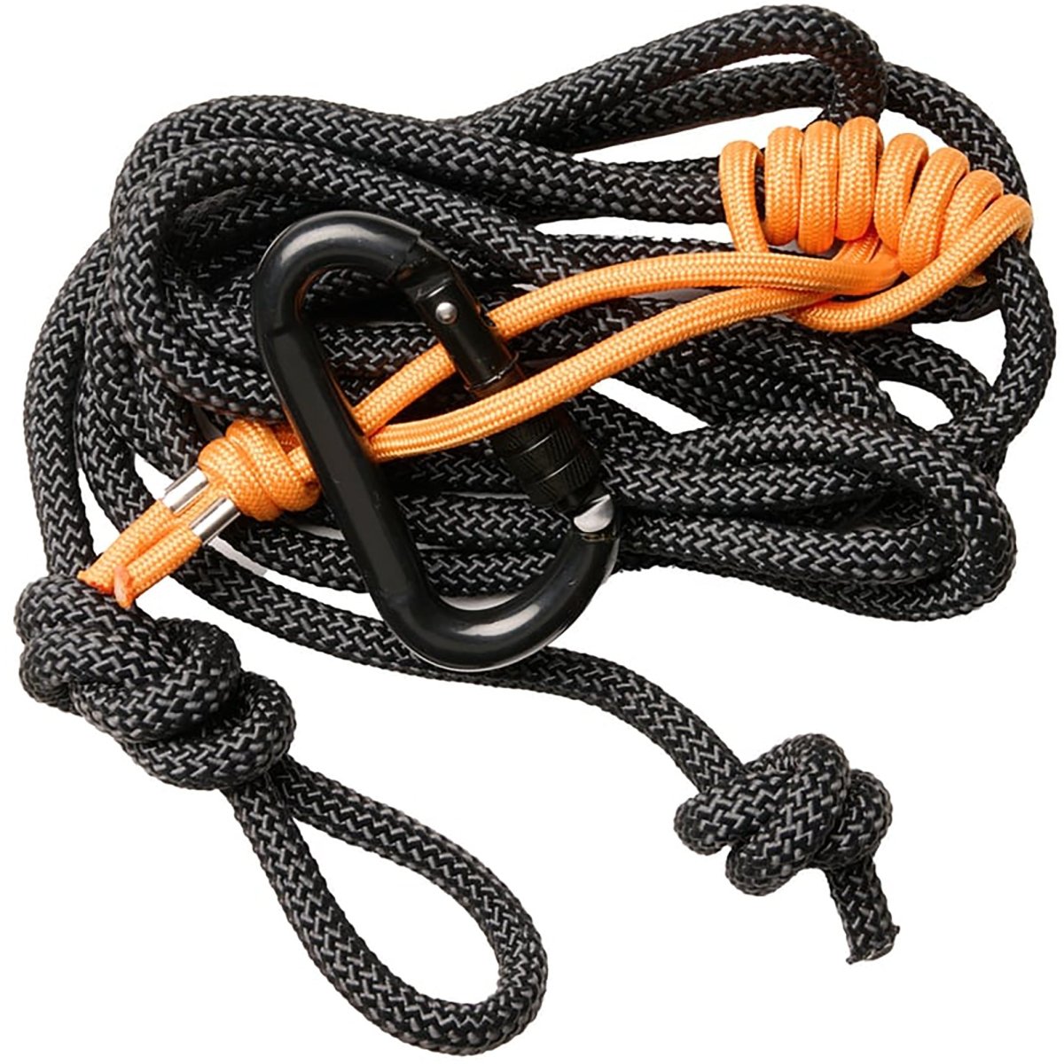 Black and orange hunting linemans rope with a carabiner on a white background