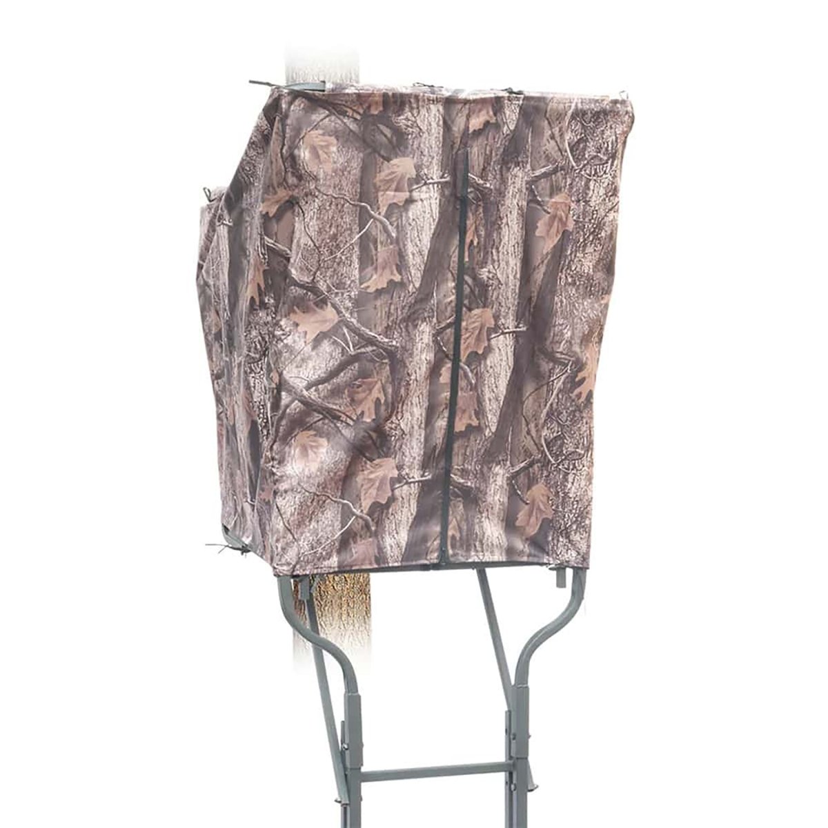 Camouflage hunting tree stand blind on a stand with a white background