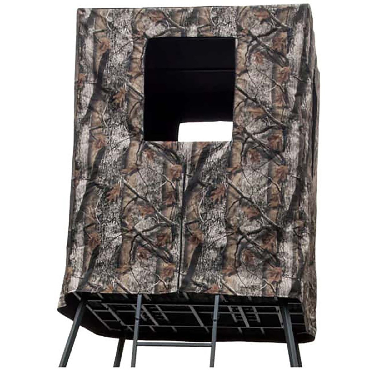 Camouflage hunting tower encloser replacement blind with a window on a white background