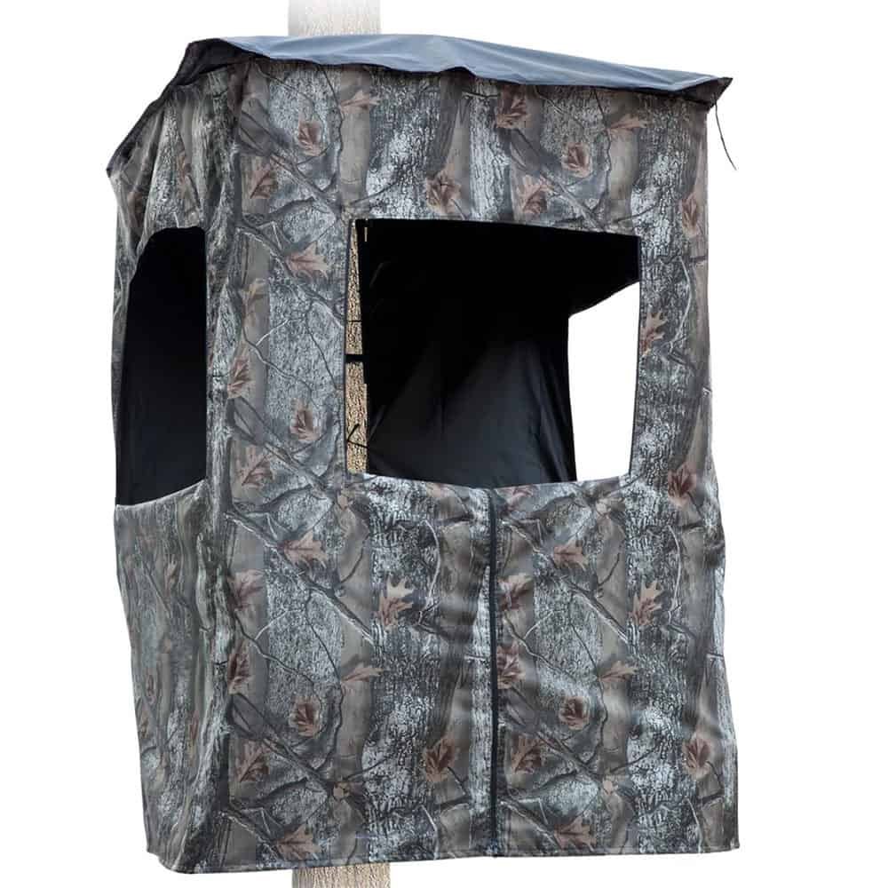 Camouflage hunting tree stand enclouser kit with a clear window on a white background
