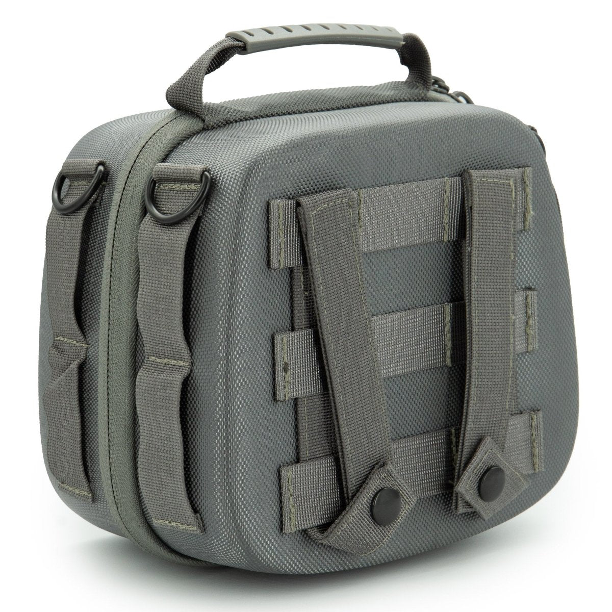 Gray generator zipper case with multiple straps and compartments on a white background