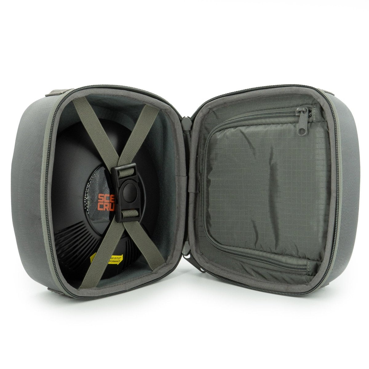 Gray generator zipper case with a speaker inside on a white background