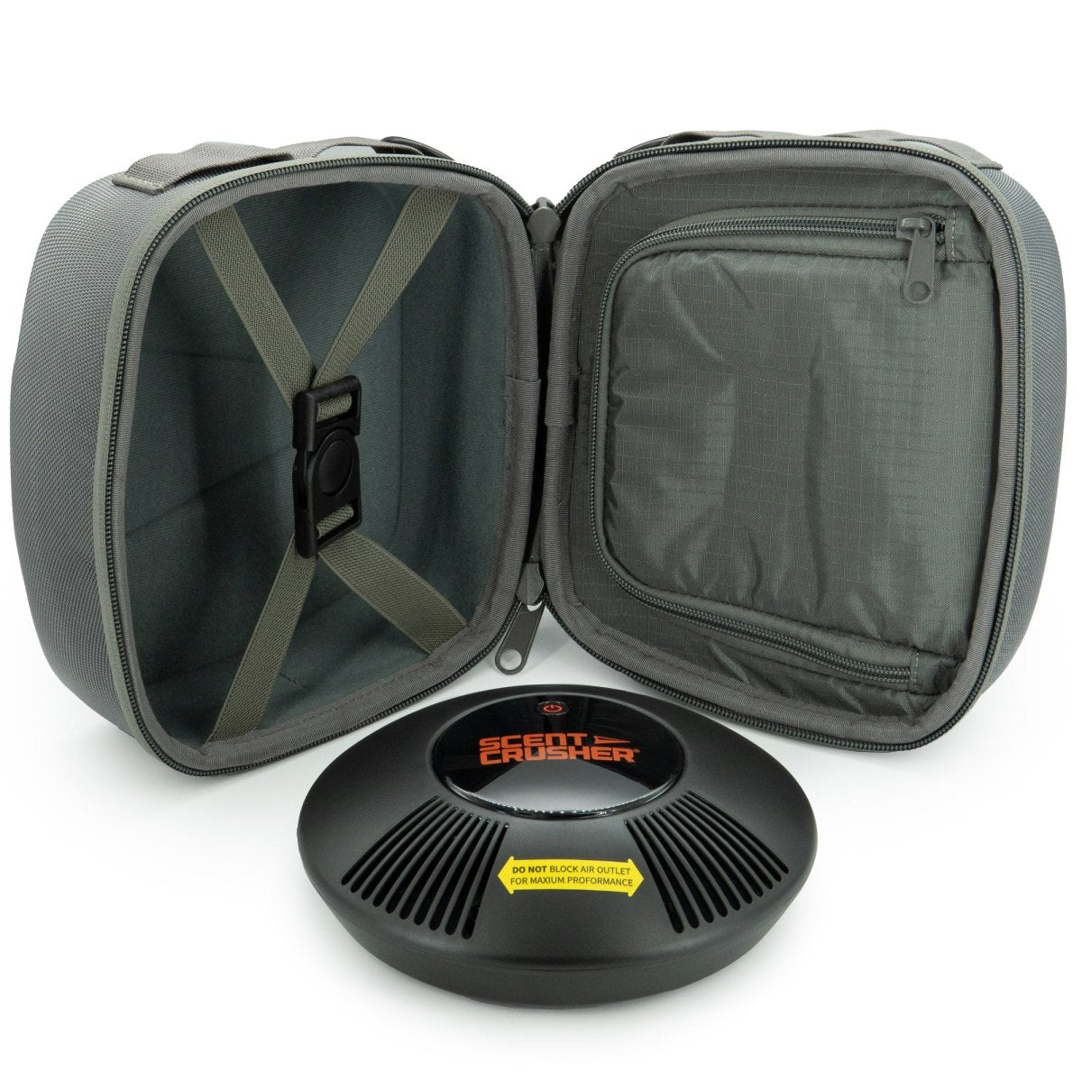 Gray generator zipper case with a black device labeled 'Scent Crusher' on a white background