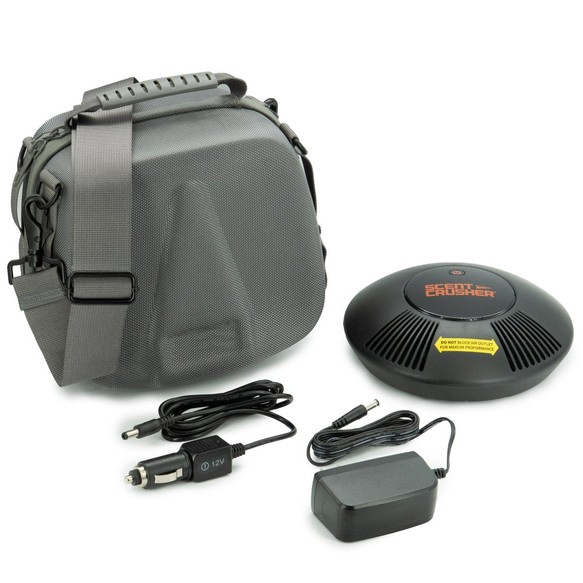Gray generator zipper case with car charger, power adapter, and black device on a white background