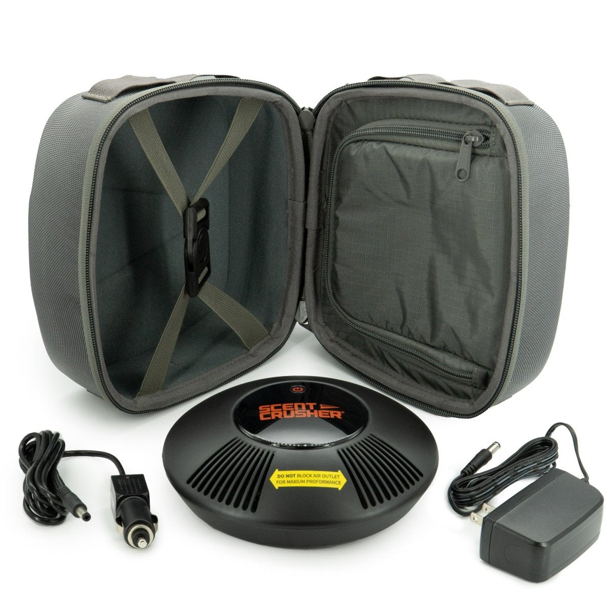 Gray generator zipper case with a round black device, cable, and power adapter on a white background