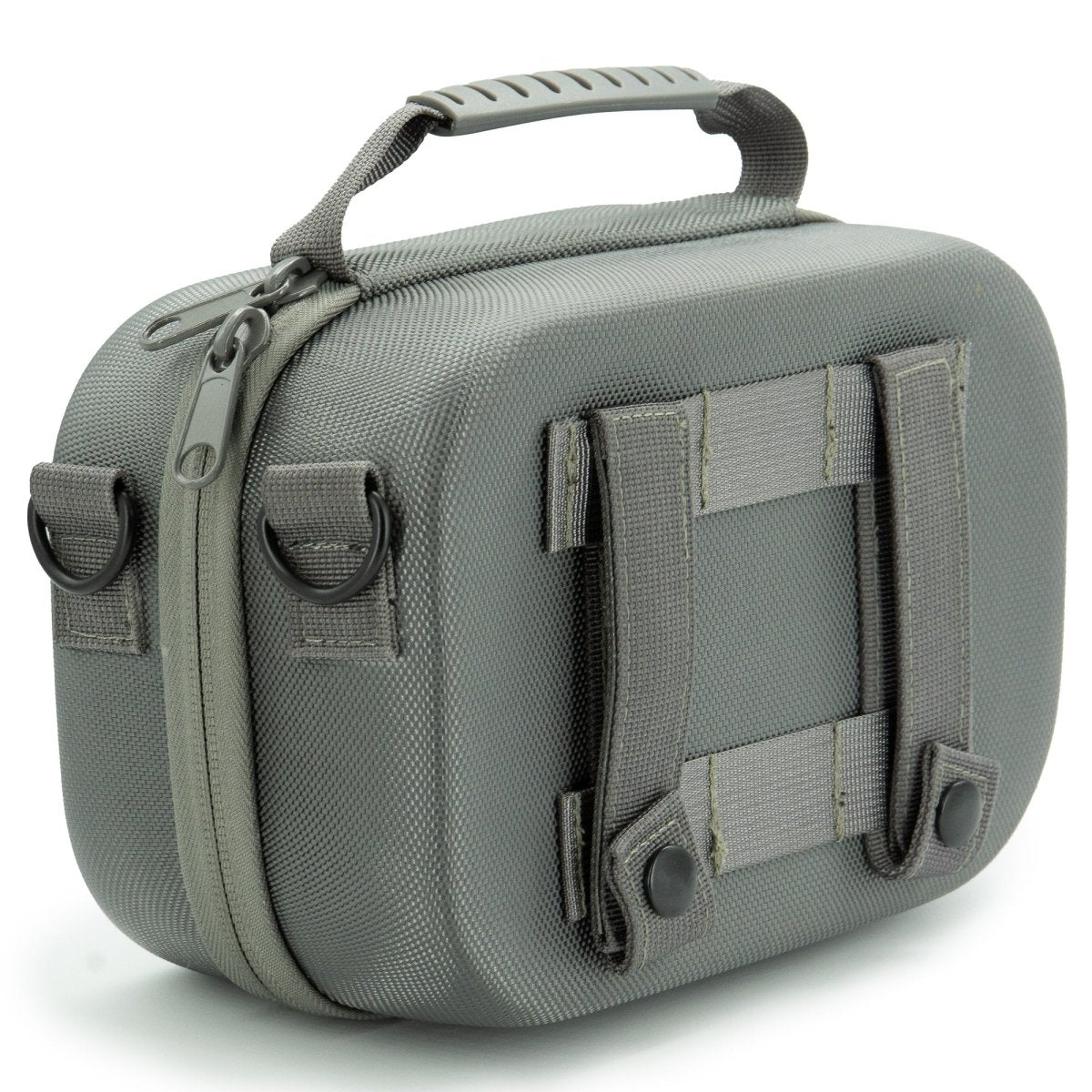Gray crusher travel kit pouch with multiple compartments on a white background