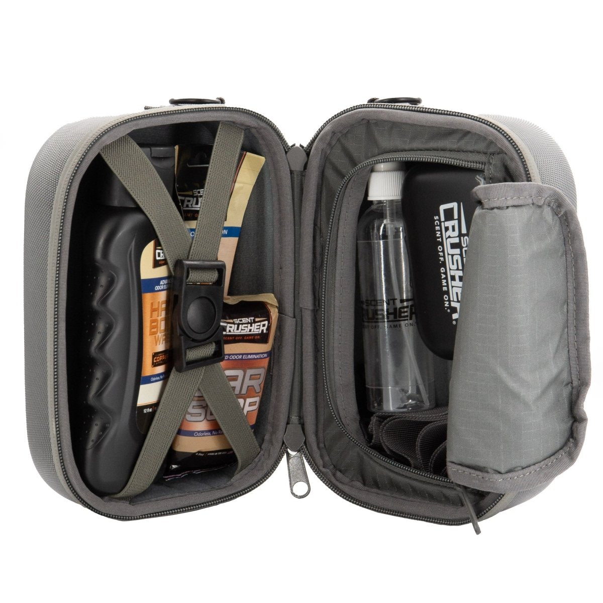 Open gray carrying scent crusher travel kit case with tools and a bottle labeled 'Crushers' on a white background