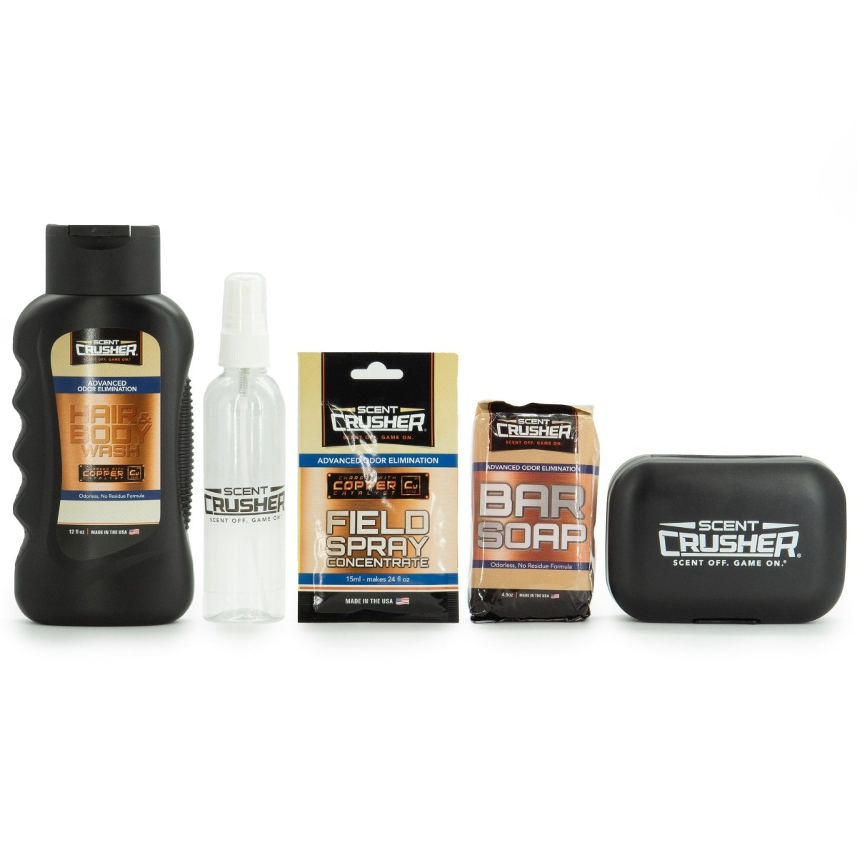 Collection of Scent Crusher travel kit including a bottle, spray, field spray concentrate, bar soap, and carrying case on a white background.