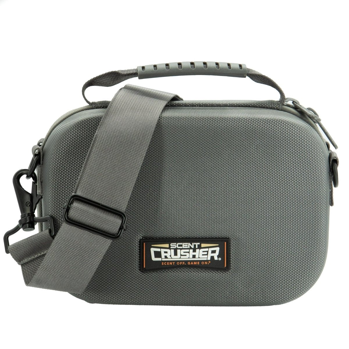 Gray scent crusher travel kit with a strap and 'Scent Crusher' logo on a white background