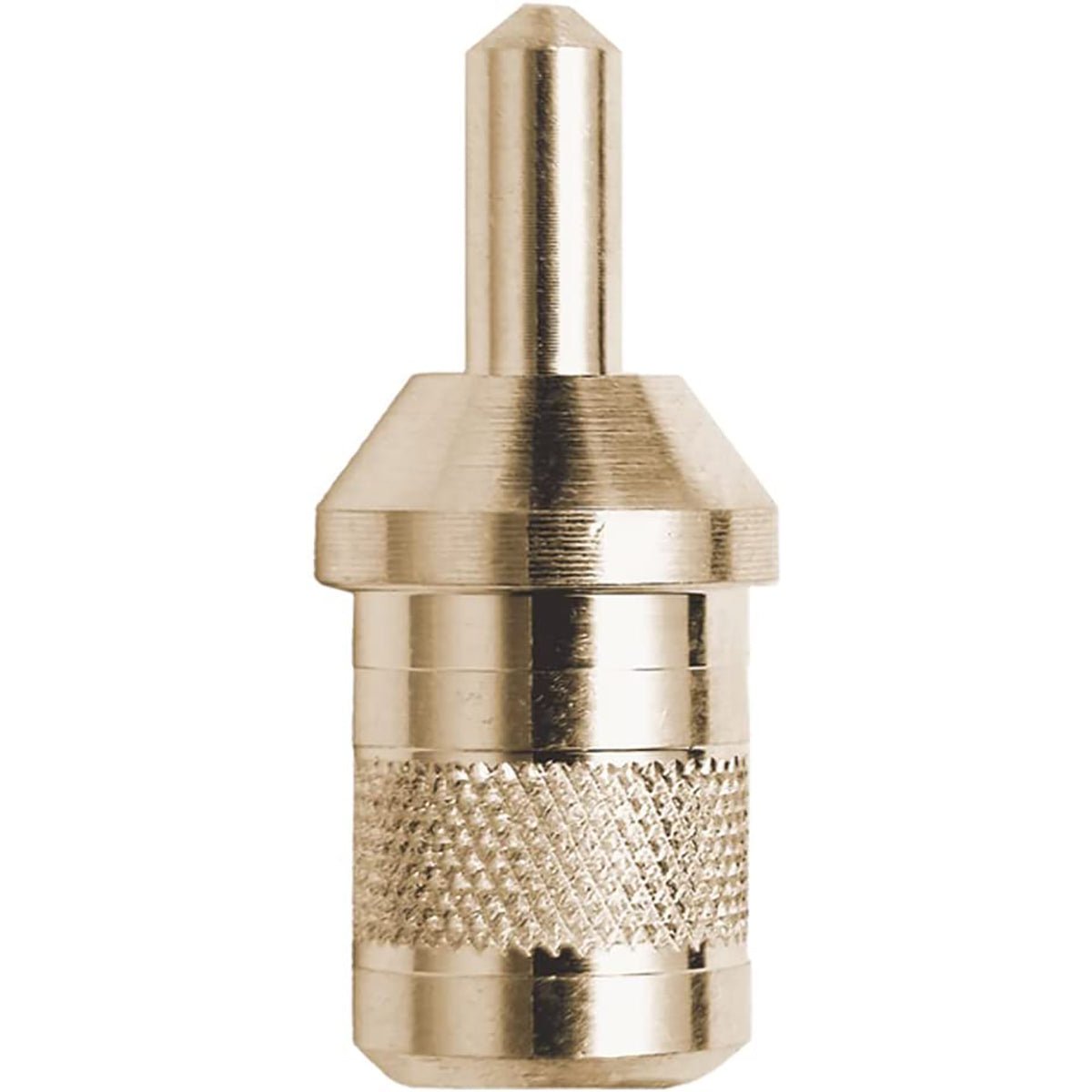 Brass fitting with textured end pin nock adapter on a white background