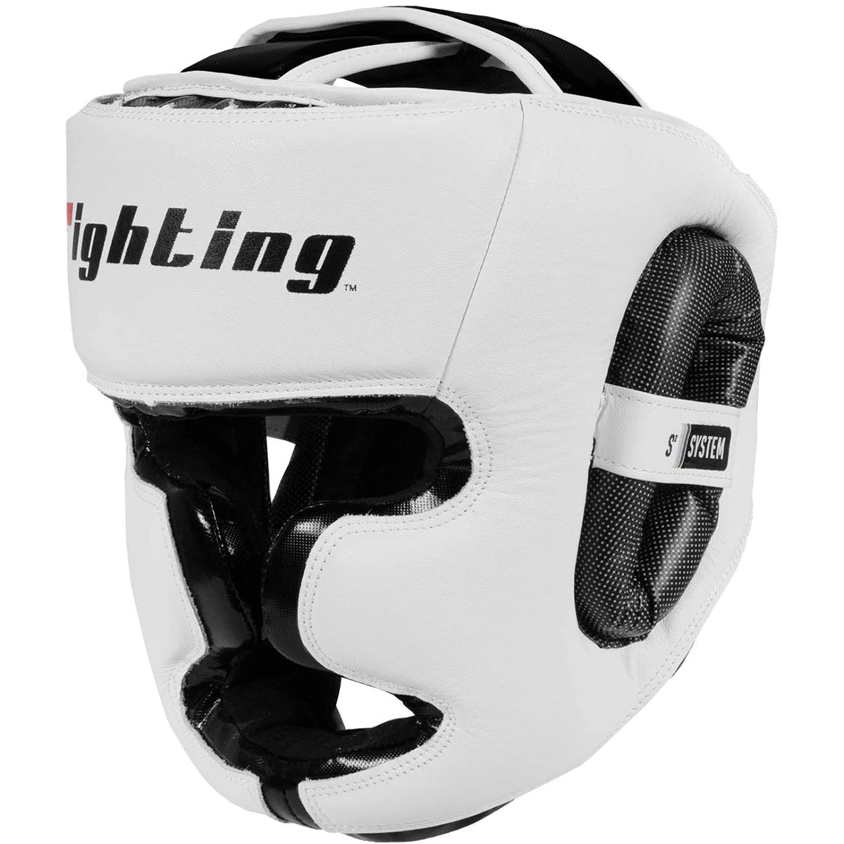 White boxing headgear with black accents on a white background