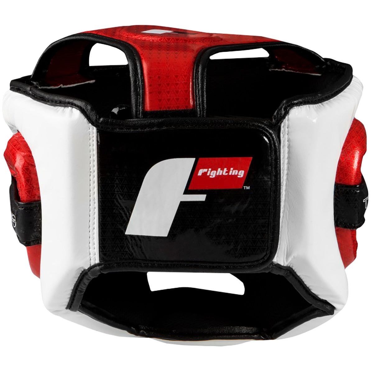 Red, black, and white boxing headgear with a visible brand logo on a white background