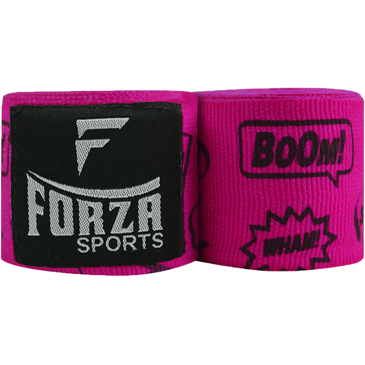Pink boxing hand wraps with Forza Sports logo and 'Boom!' text on a white background