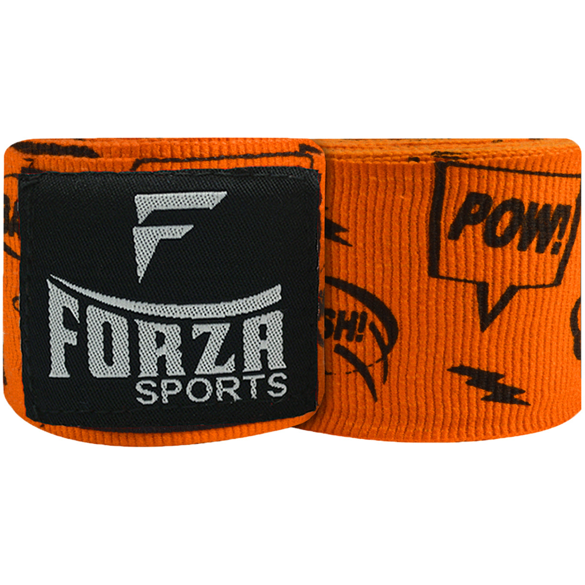 Orange boxing hand wraps with black text and graphics on a white background