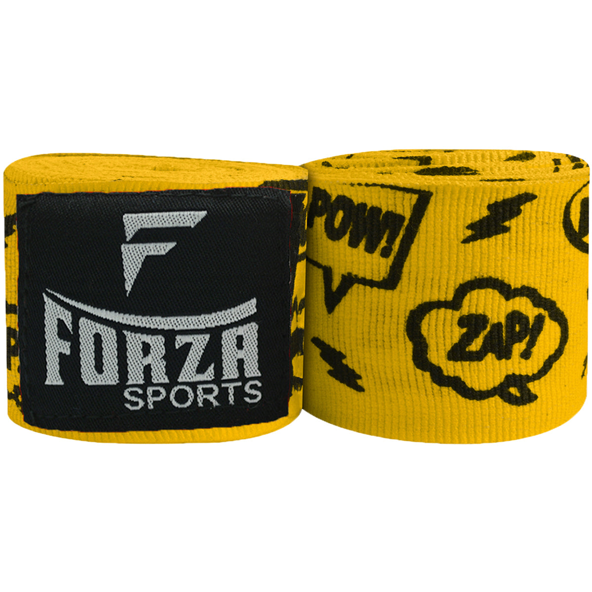 Two rolls of yellow boxing hand wraps with black text and graphics on a white background, featuring the Forza Sports brand.