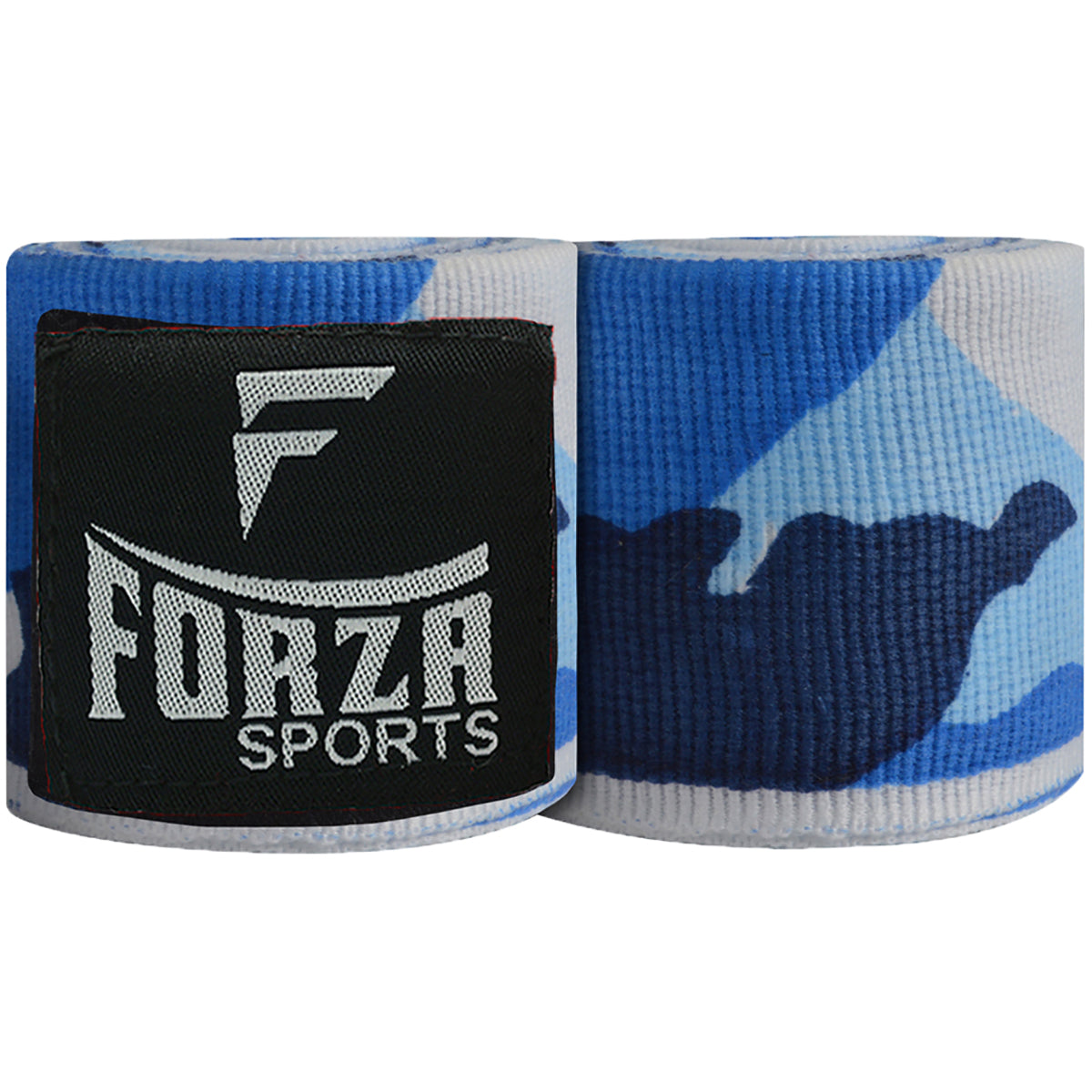 Forza Sports boxing hand wraps with blue and white camouflage pattern on a white background