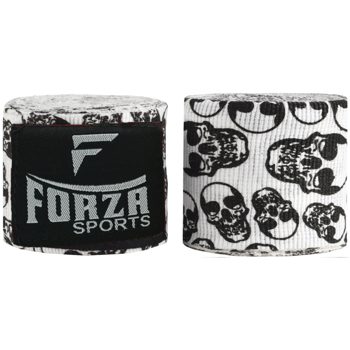 Two rolls of boxing hand wraps with skull design and Forza Sports branding on a white background.
