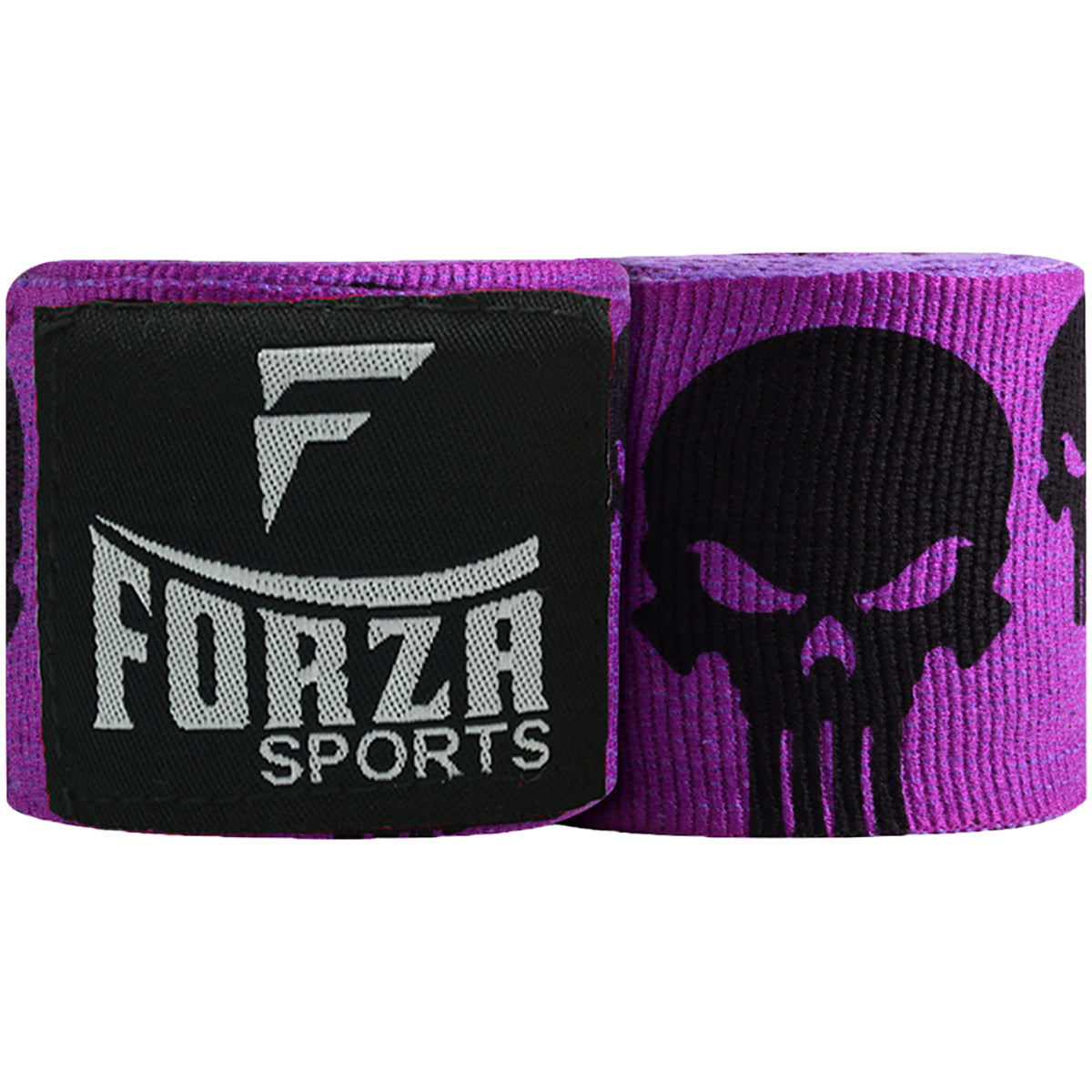 Purple boxing hand wraps with black skull design and Forza Sports logo on a white background