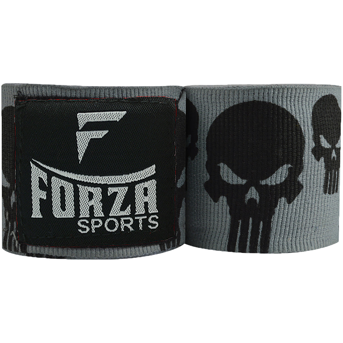 Gray boxing hand wraps with black skull design and Forza Sports logo on a white background