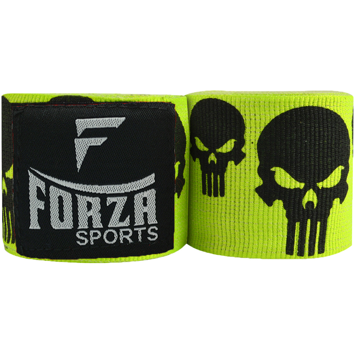 Green boxing hand wraps with black skull designs and Forza Sports logo on a white background