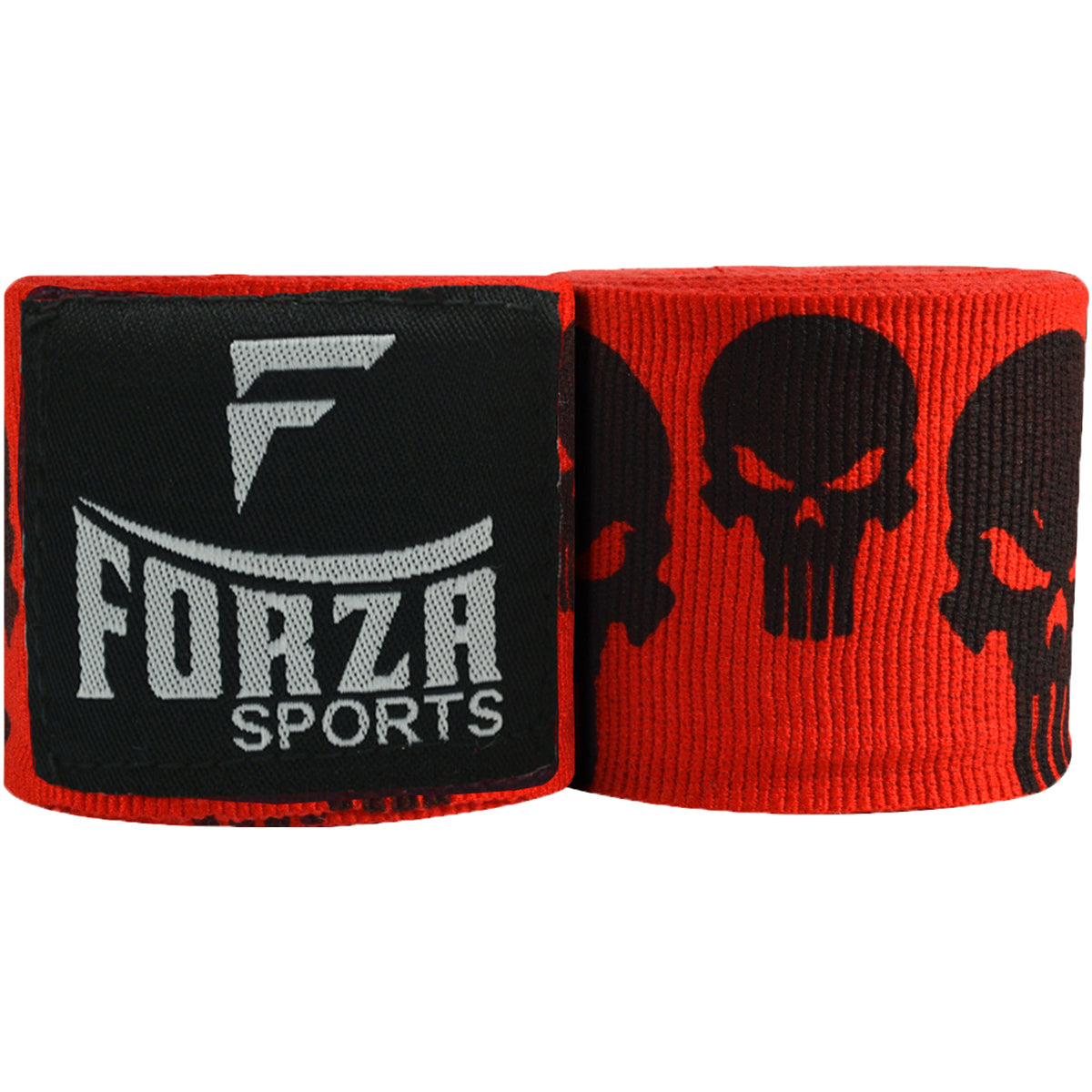 Red boxing hand wraps with black skull designs and Forza Sports logo on a white background
