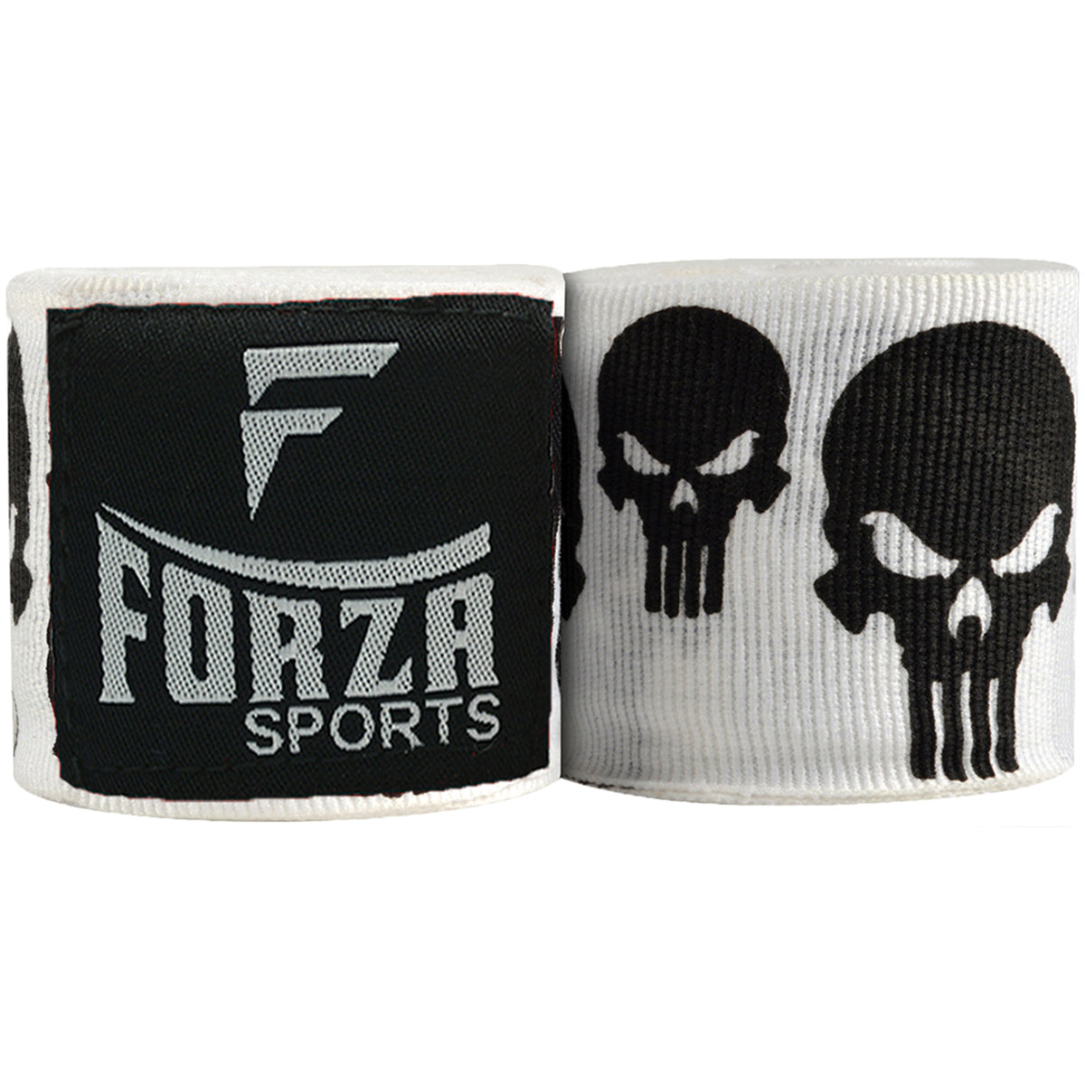 Two boxing hand wraps, one with Forza Sports logo and the other with Punisher skull design, on a white background.