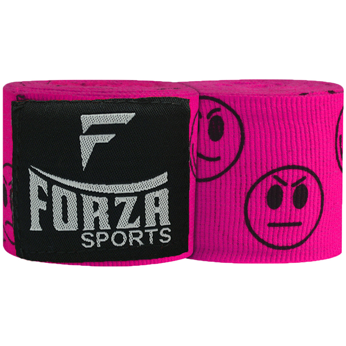 Pink boxing hand wraps with black logo and text on a white background