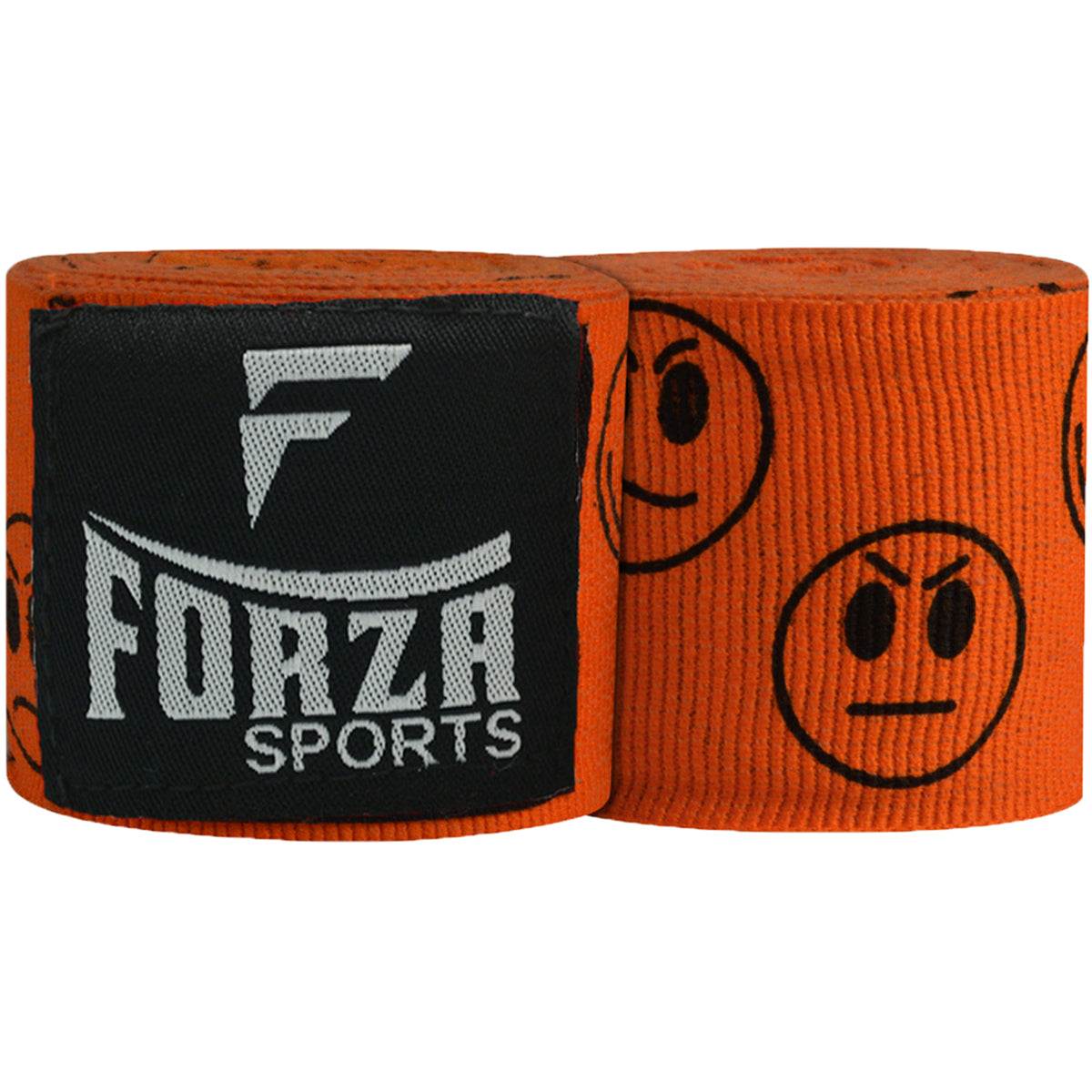 Orange boxing hand wraps with black smiley face designs and Forza Sports logo on a white background