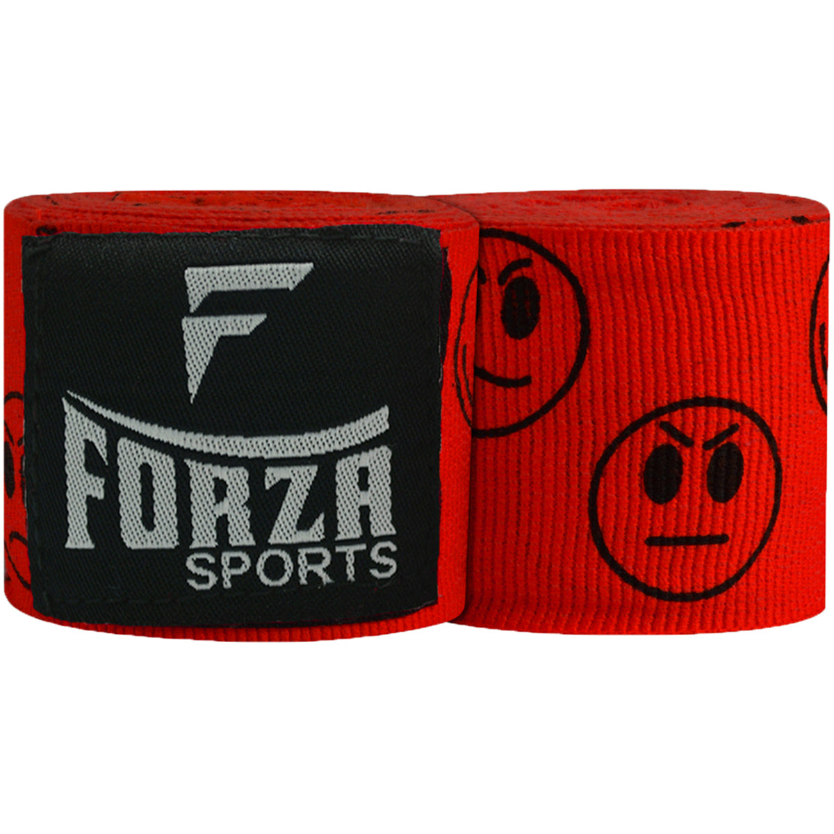 Red boxing hand wraps with black logo and smiley face design on a white background