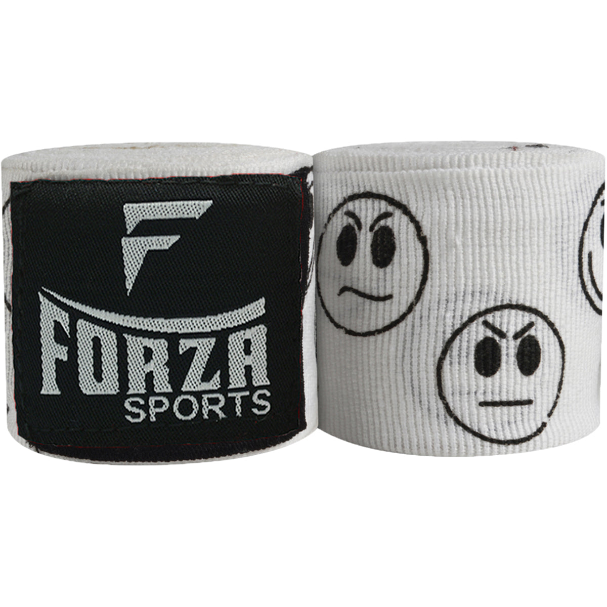 Two rolls of boxing hand wraps, one with Forza Sports logo and the other with smiley face design, on a white background.