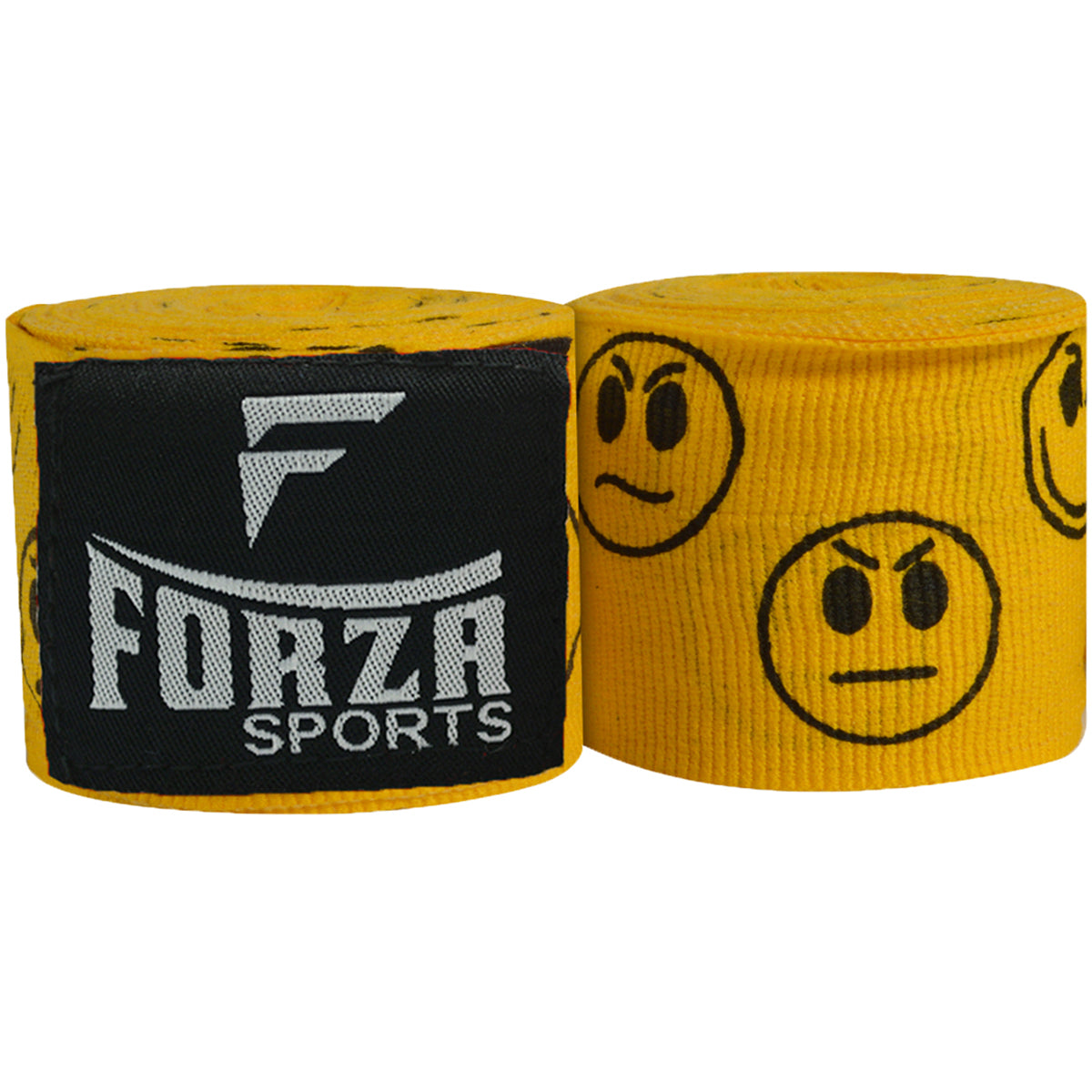 Two rolls of yellow boxing hand wraps with angry face designs and a black roll with 'Forza Sports' logo on a white background.