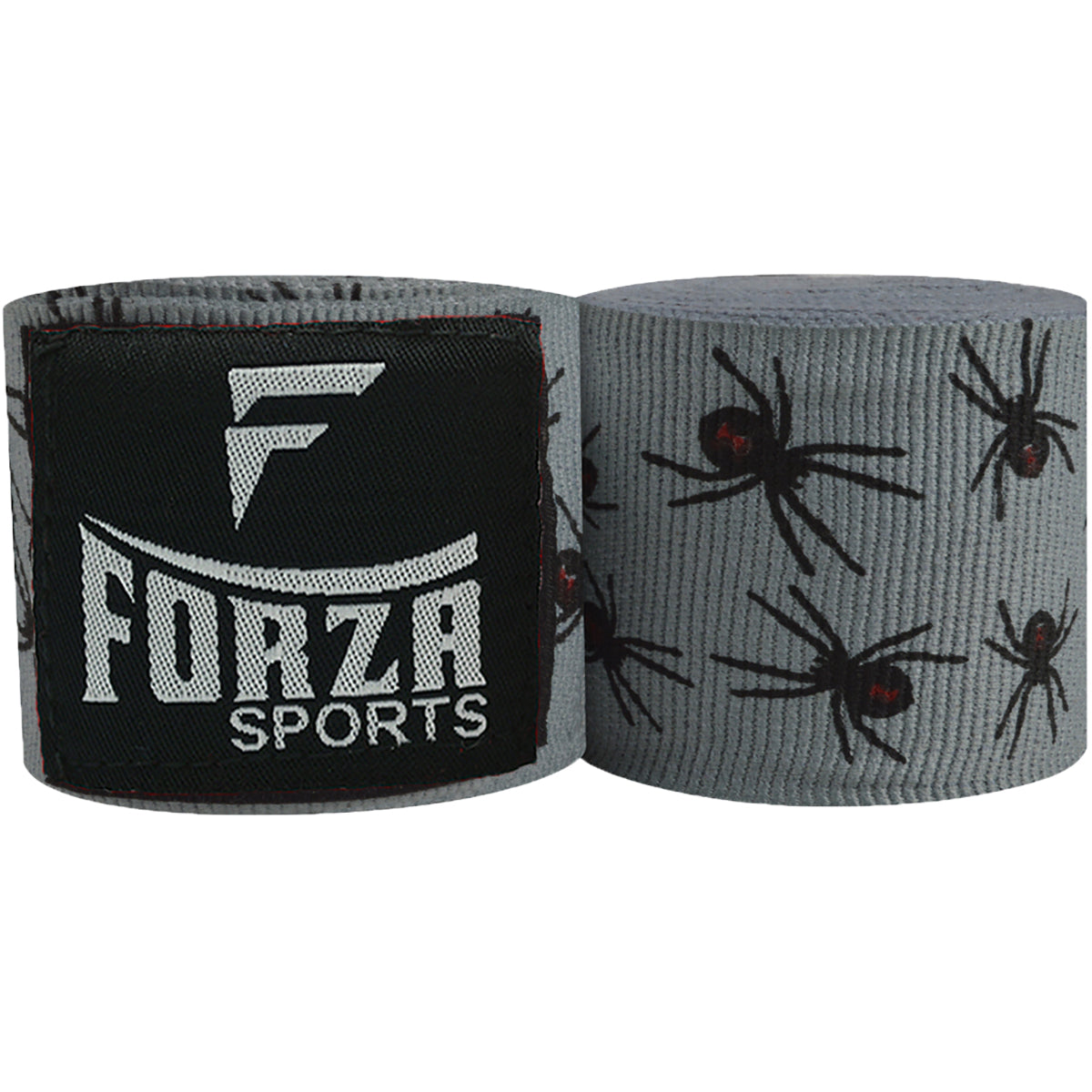 Gray boxing hand wraps with black spider design and Forza Sports logo on a white background