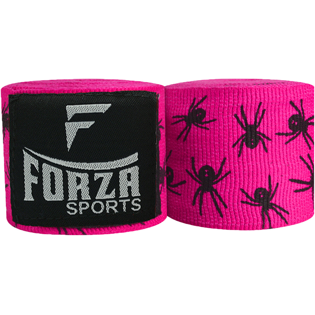 Two rolls of pink boxing hand wraps with black spider design and Forza Sports logo.