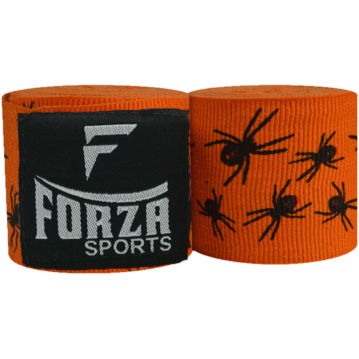 Orange boxing hand wraps with spider design and Forza Sports logo on a white background